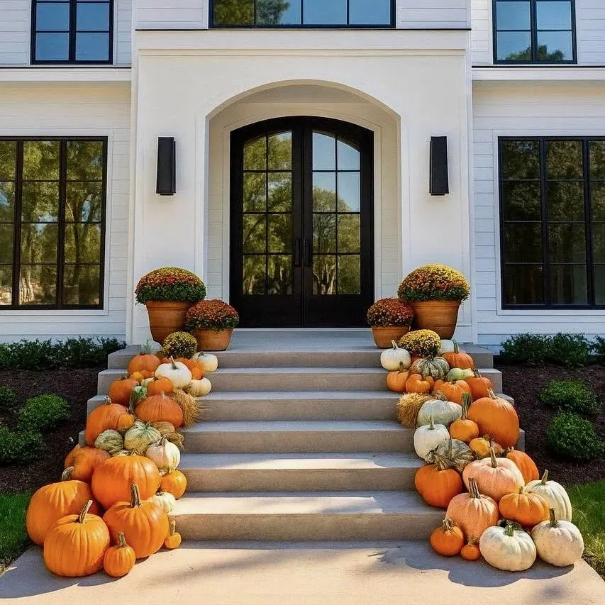 Pumpkins and mums arranged along steps at a modern home entrance